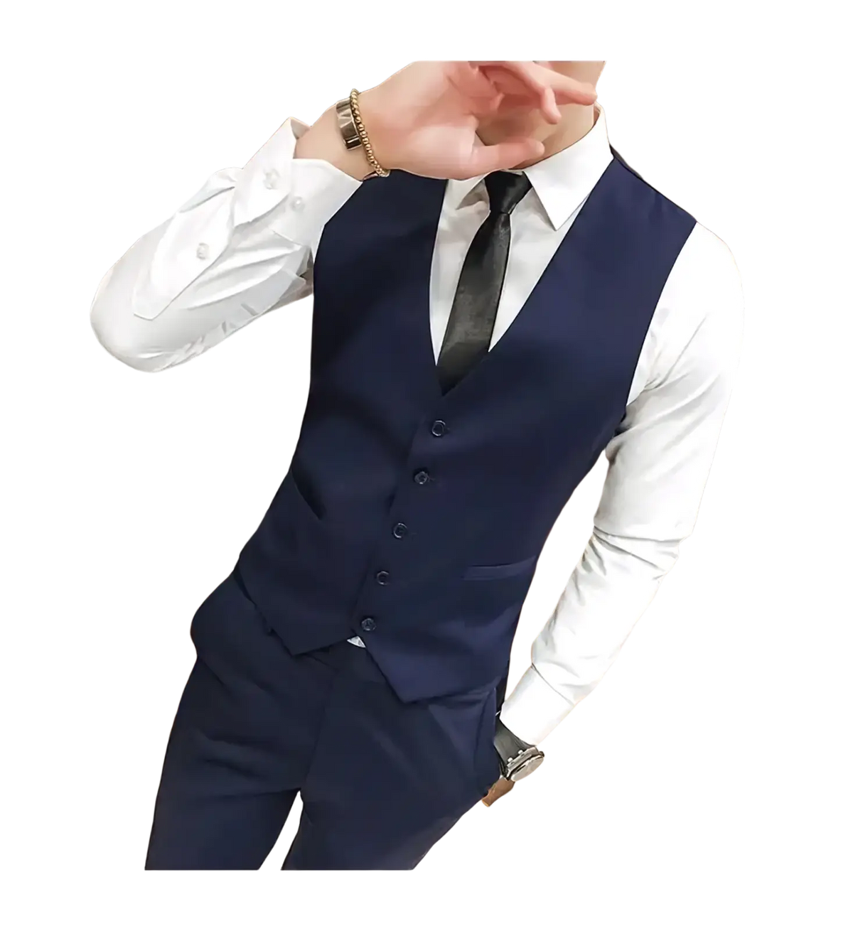 Men’s slim fit business vest in navy blue with five dark buttons featuring a tailored modern design for formal wear