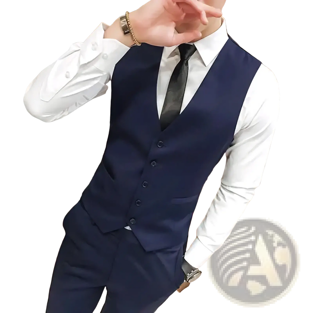 Men’s slim fit navy blue tailored business vest with five dark buttons and modern formal waistcoat design