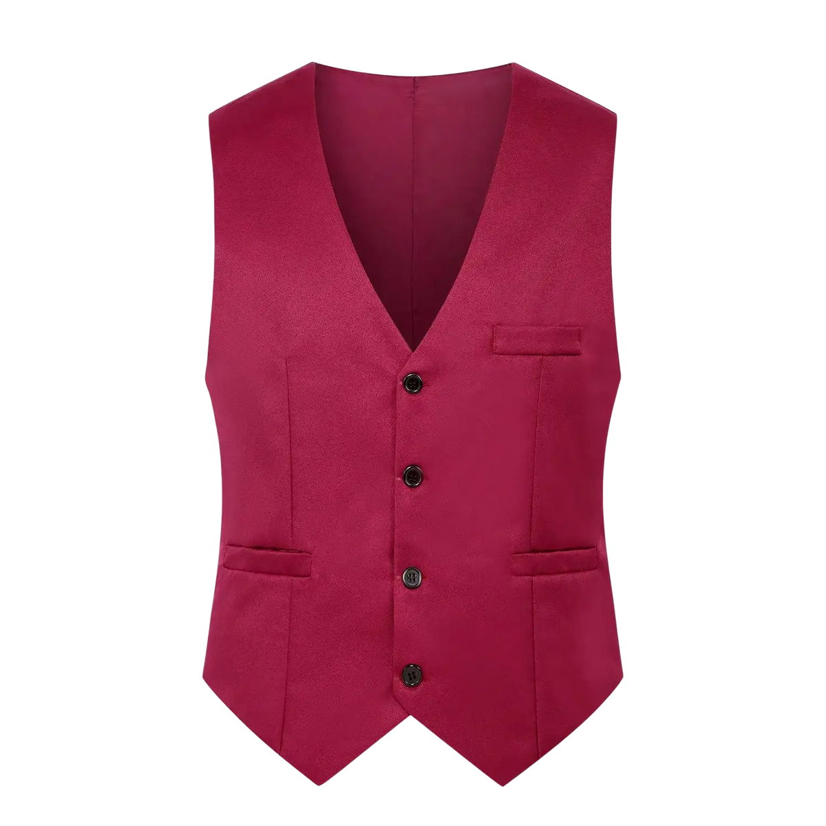 Men’s slim fit business vest plus size formal waistcoat in sleek burgundy satin with v-neckline and four black buttons
