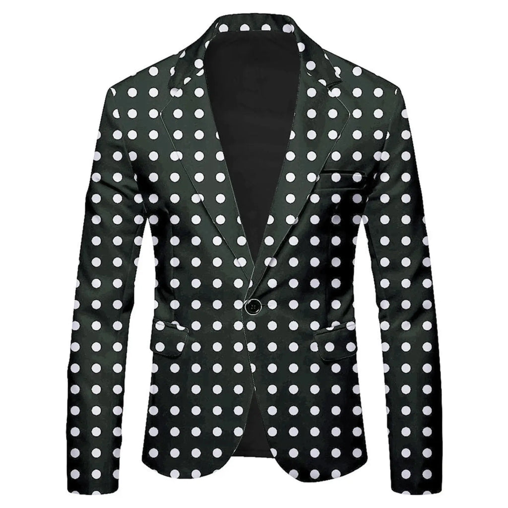 Mens slim fit casual blazer british style suit in black with white polka dots for stylish formal wear