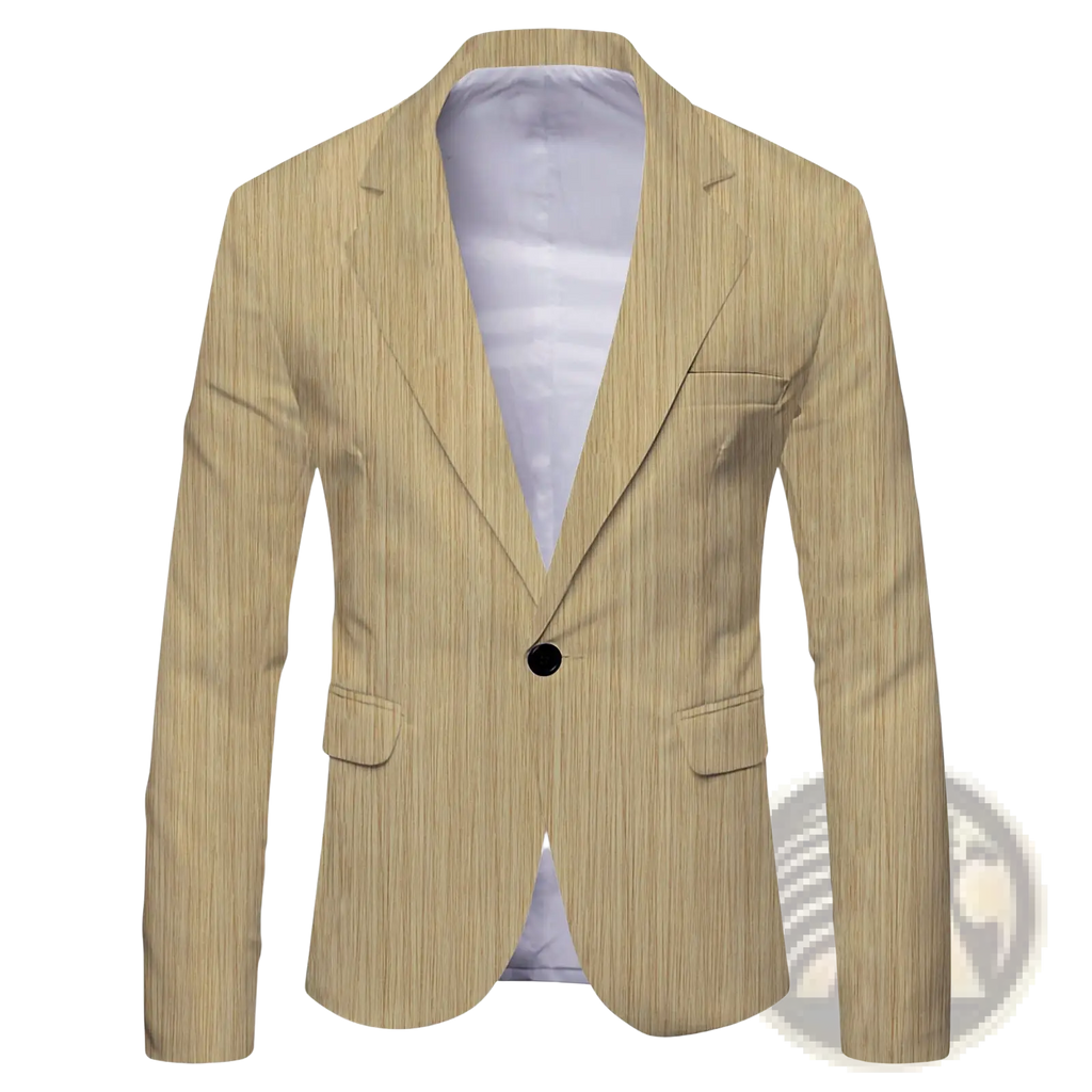 Mens slim fit casual beige pinstripe blazer with single black button and two flap pockets british style suit