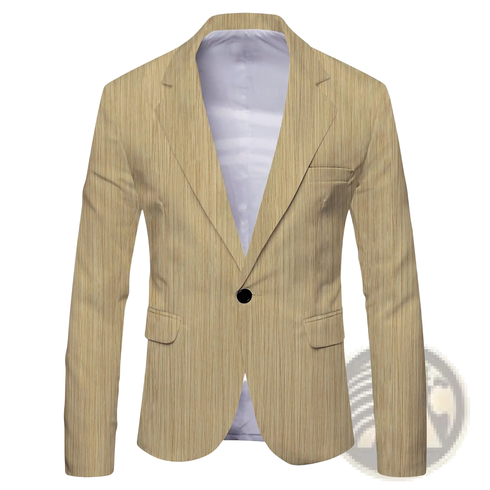 Mens slim fit casual beige pinstripe blazer with single black button and two flap pockets british style suit