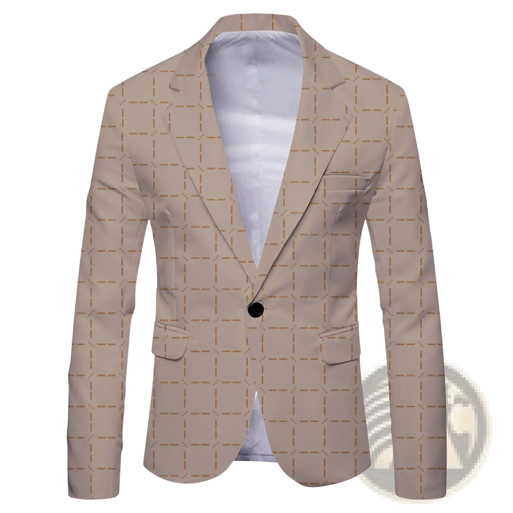 Mens slim fit casual beige blazer with subtle tan grid pattern and black button british style suit
