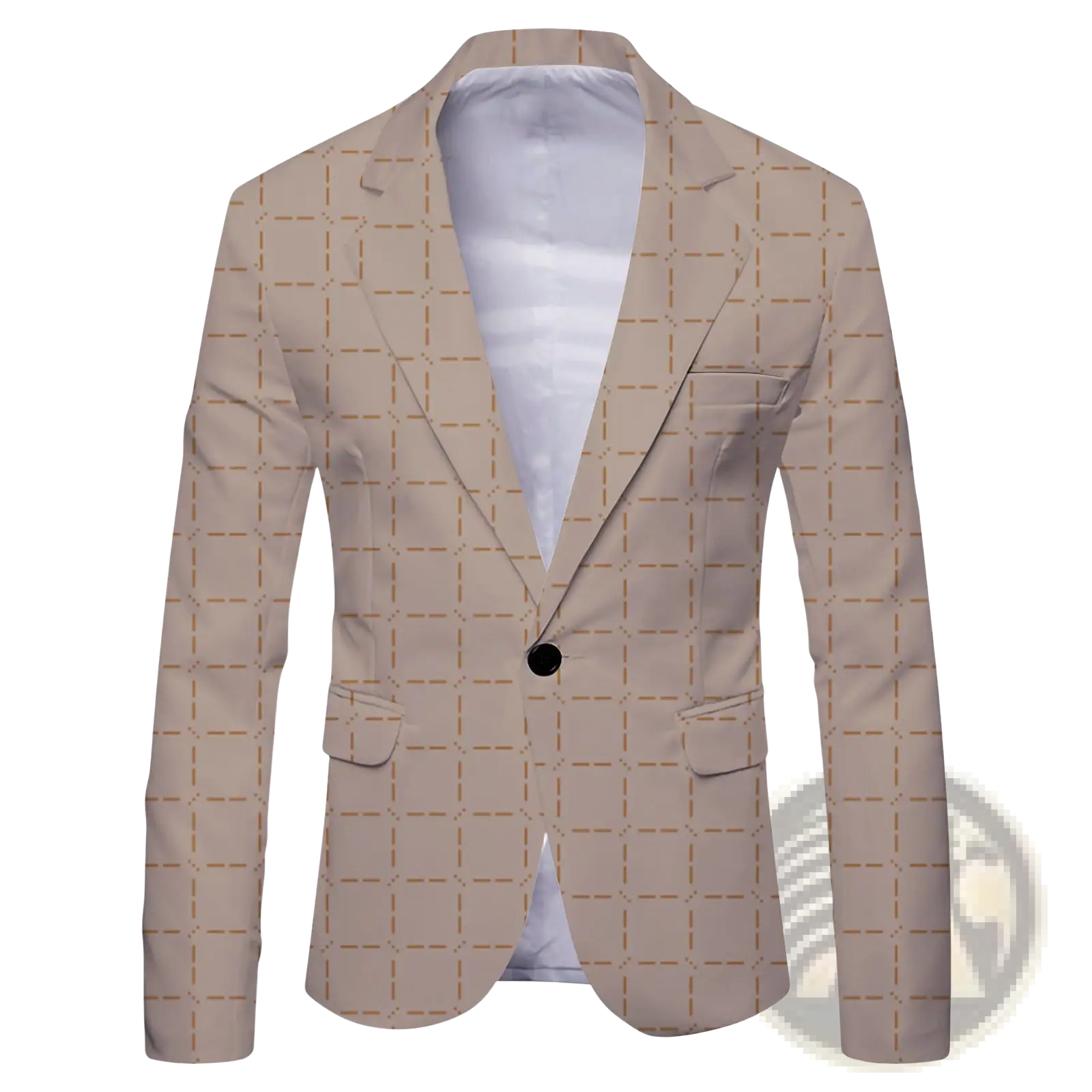 Mens slim fit casual beige blazer with subtle tan grid pattern and black button british style suit