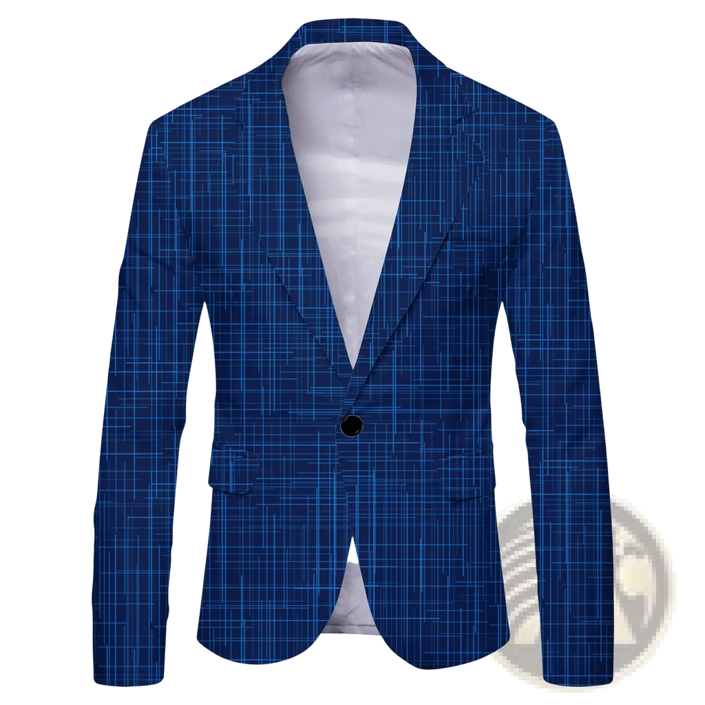 Mens slim fit casual blazer in blue plaid with single black button and white inner lining for british style suits