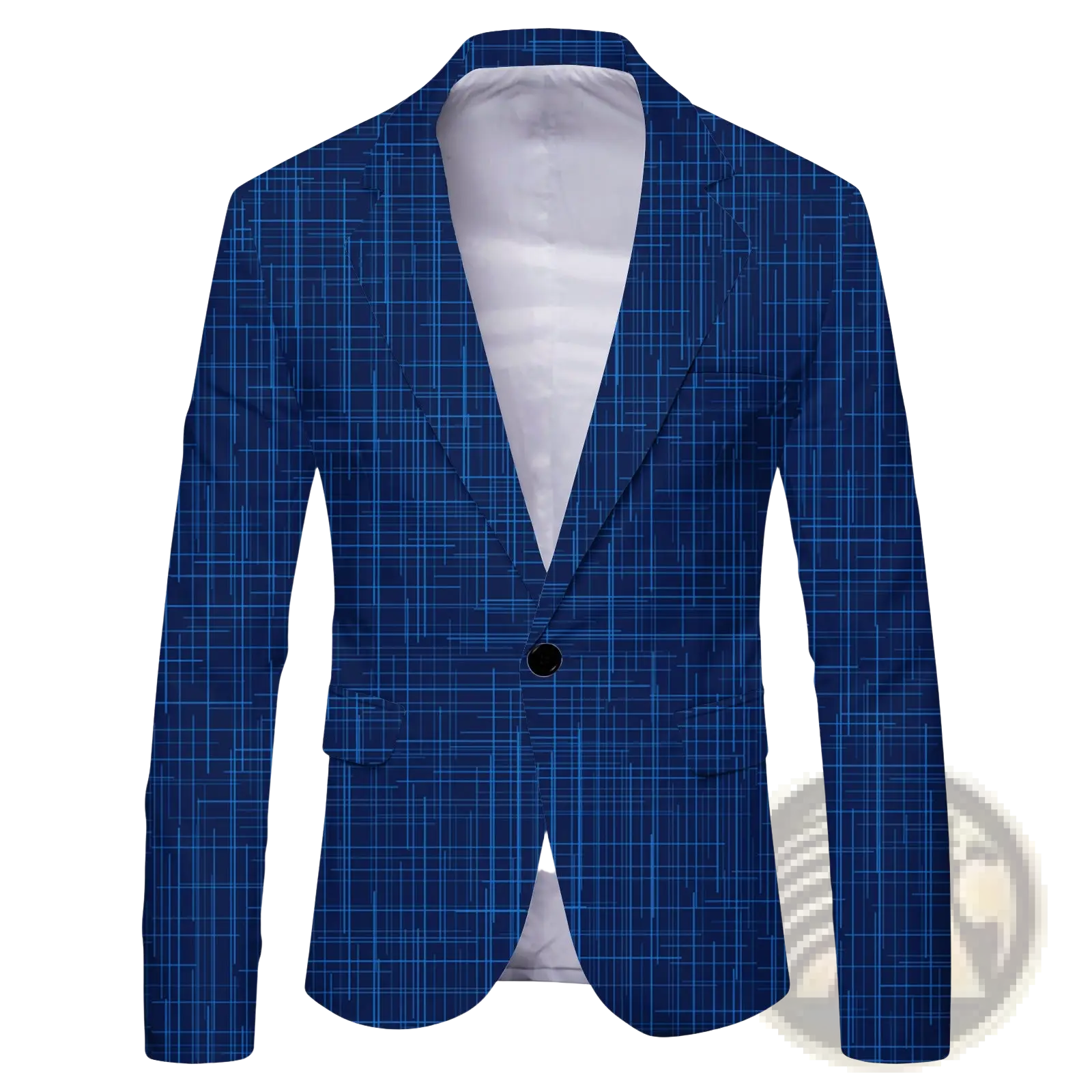 Mens slim fit casual blazer in blue plaid with single black button and white inner lining for british style suits