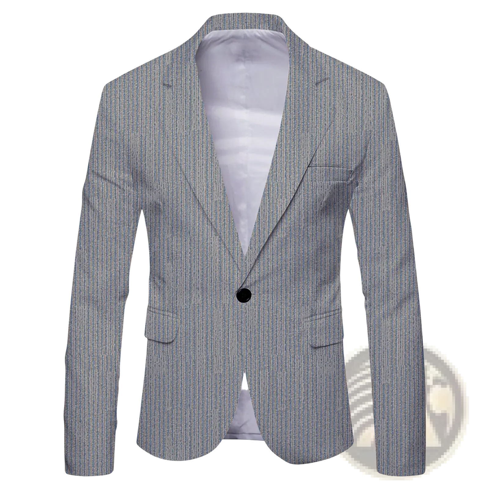 Mens slim fit casual blazer british style suit gray with fine vertical pinstripes and a single black button