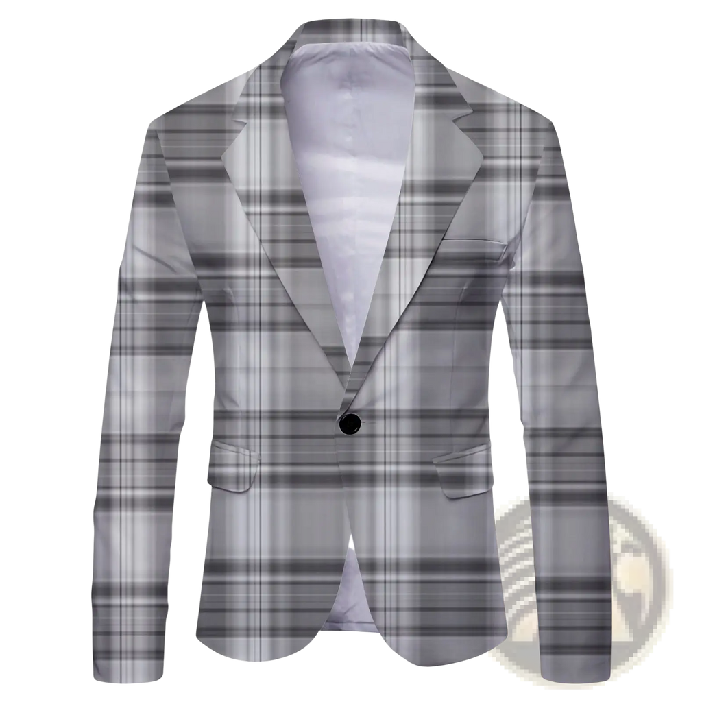 Mens slim fit casual blazer british style suit in sleek gray plaid with modern minimalist design and black button closure