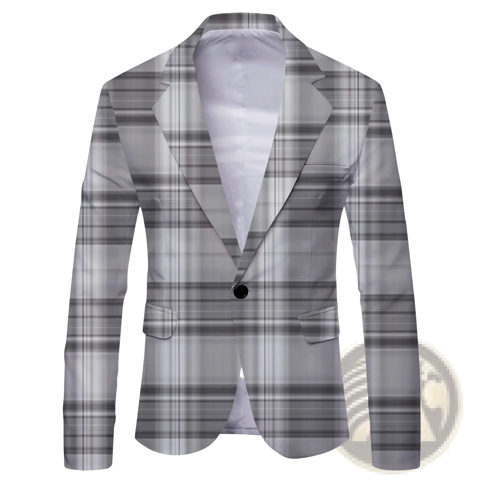 Mens slim fit casual blazer british style suit in sleek gray plaid with modern minimalist design and black button closure