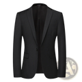 Men’s slim fit casual black suit jacket with notched lapels and two flap pockets in single-breasted style