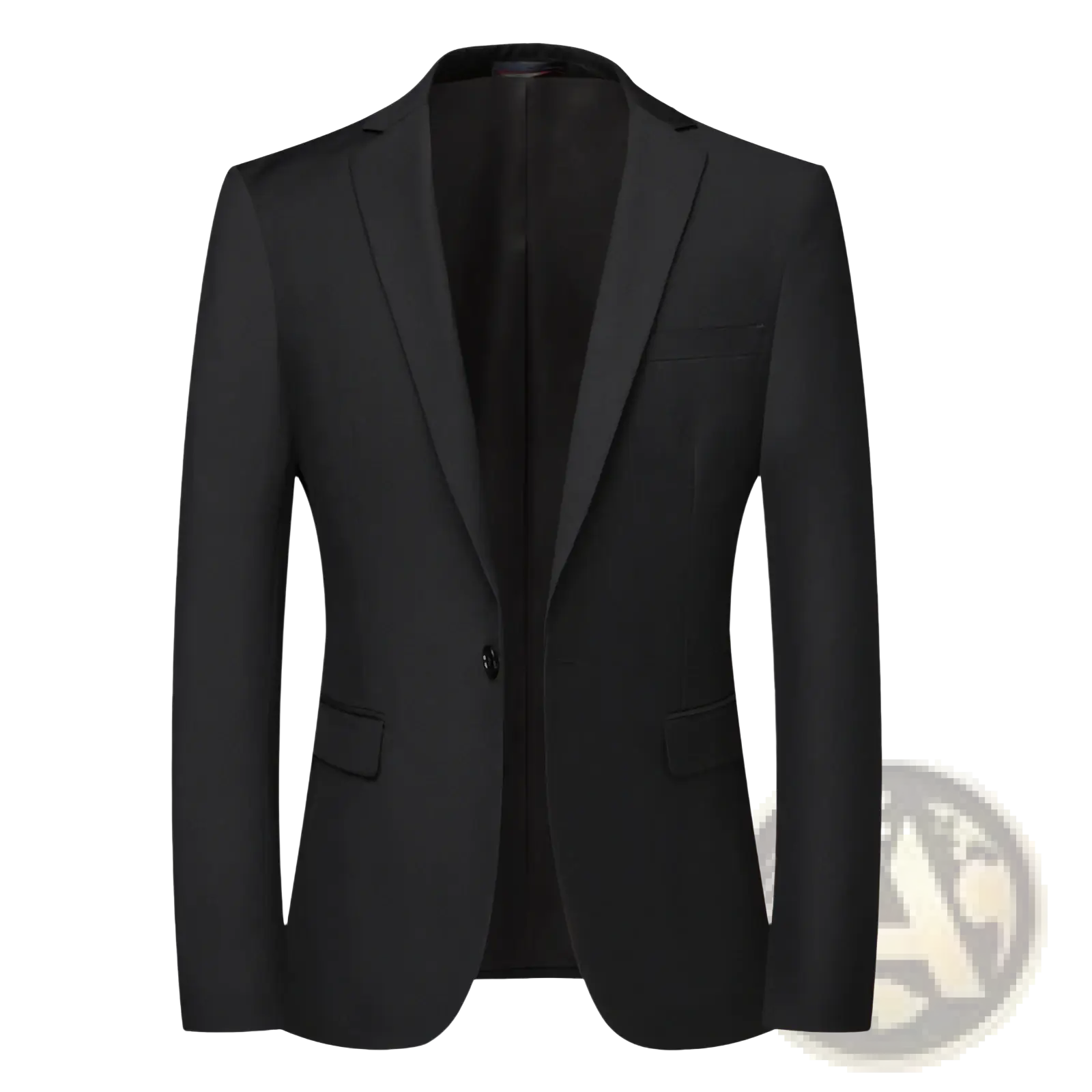 Men’s slim fit casual black suit jacket with notched lapels and two flap pockets in single-breasted style