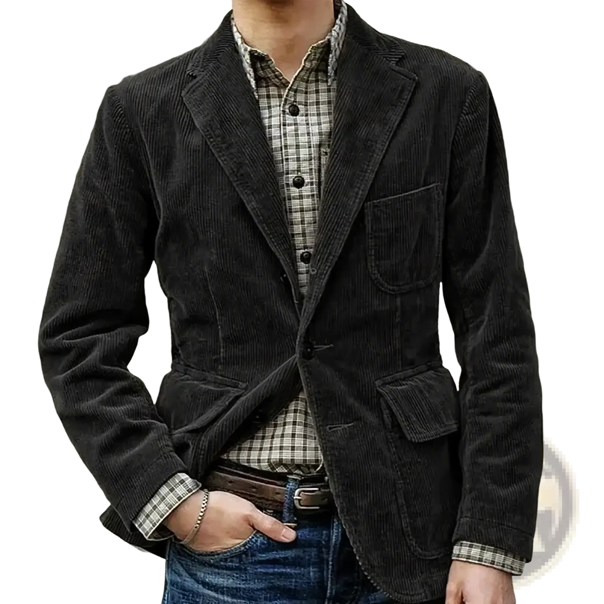 Men’s slim fit dark gray corduroy blazer with classic double-breasted design and buttoned front closure