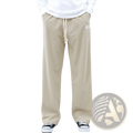Men’s slim fit beige corduroy sporty casual pants with subtle ribbed texture and white label on the right thigh