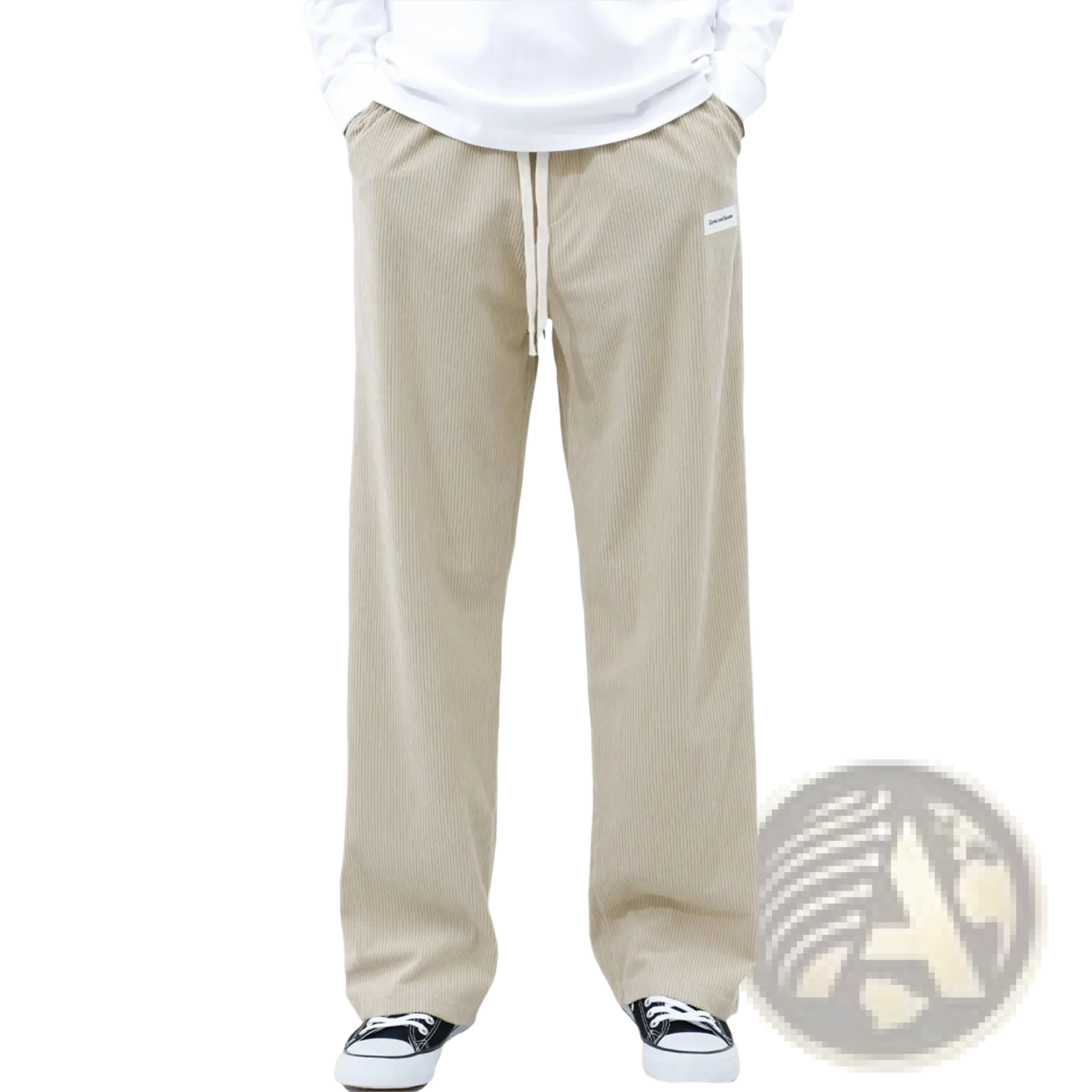 Men’s slim fit beige corduroy sporty casual pants with subtle ribbed texture and white label on the right thigh