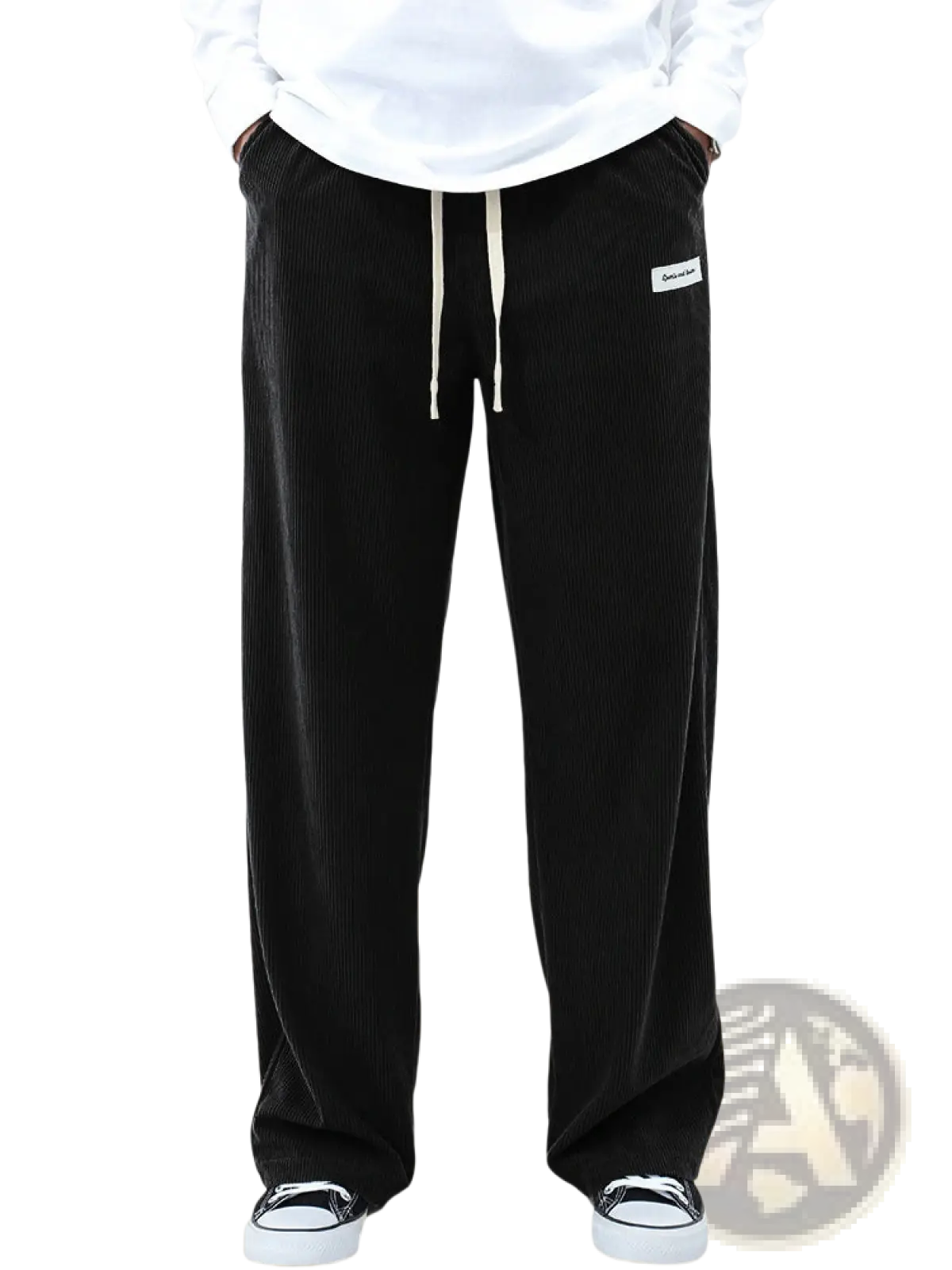 Men’s slim fit black corduroy sporty drawstring casual pants with white drawstring and thigh brand patch