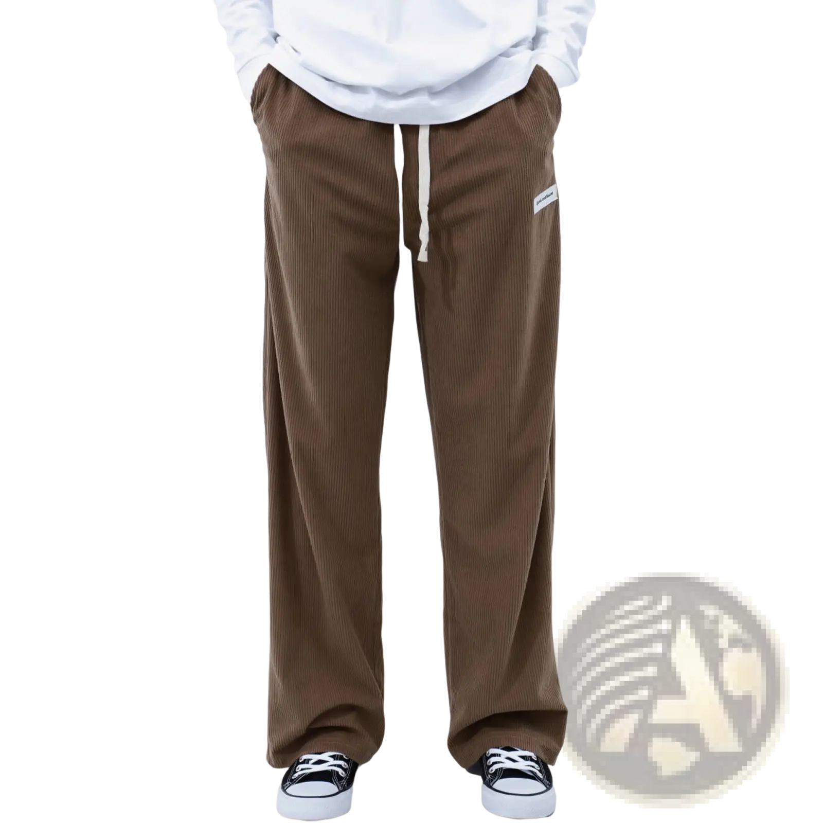 Men’s slim fit brown corduroy trousers with white drawstring and subtle side branding for casual sporty wear