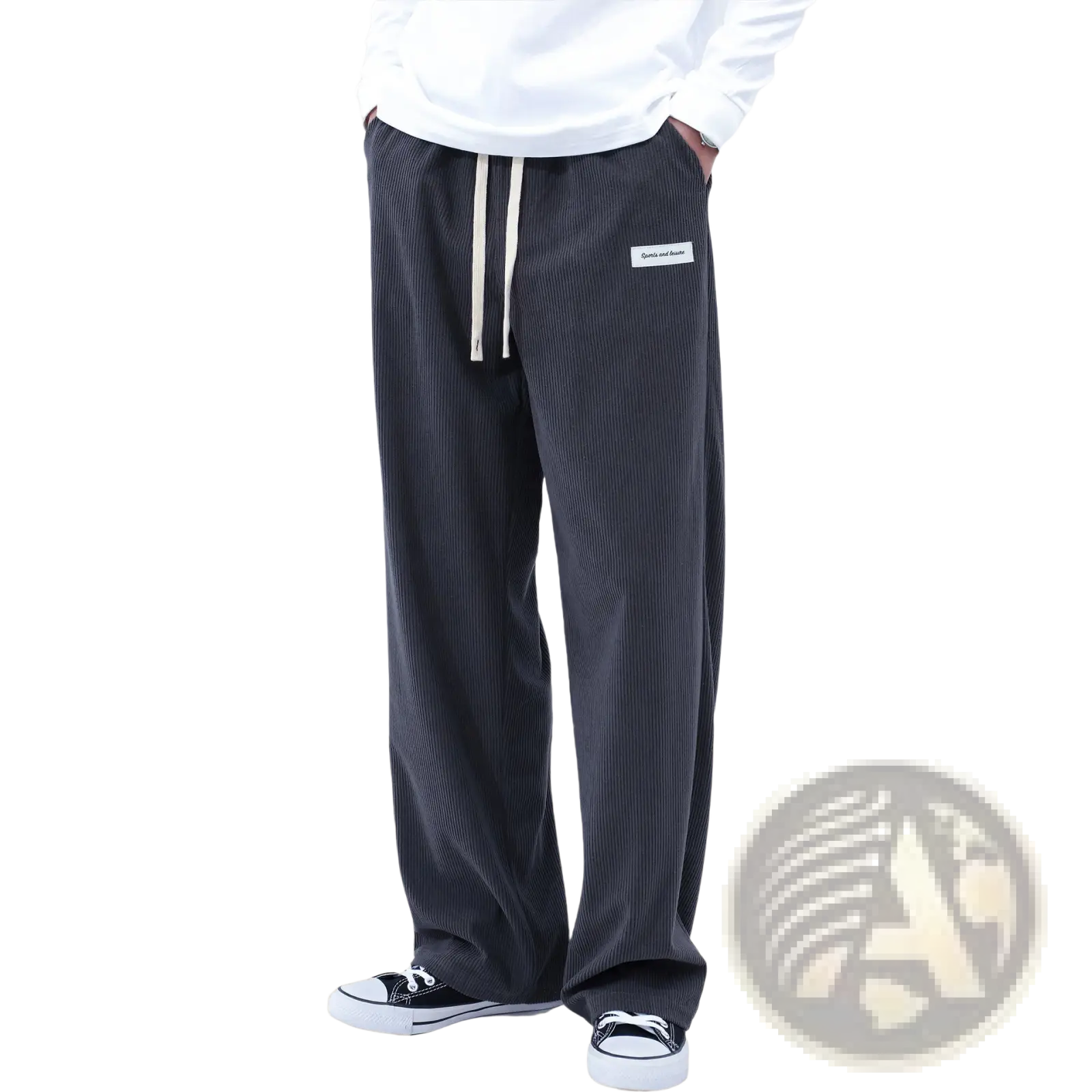 Men’s slim fit dark gray corduroy pants with vertical stripes and white drawstring waistband for casual sporty wear