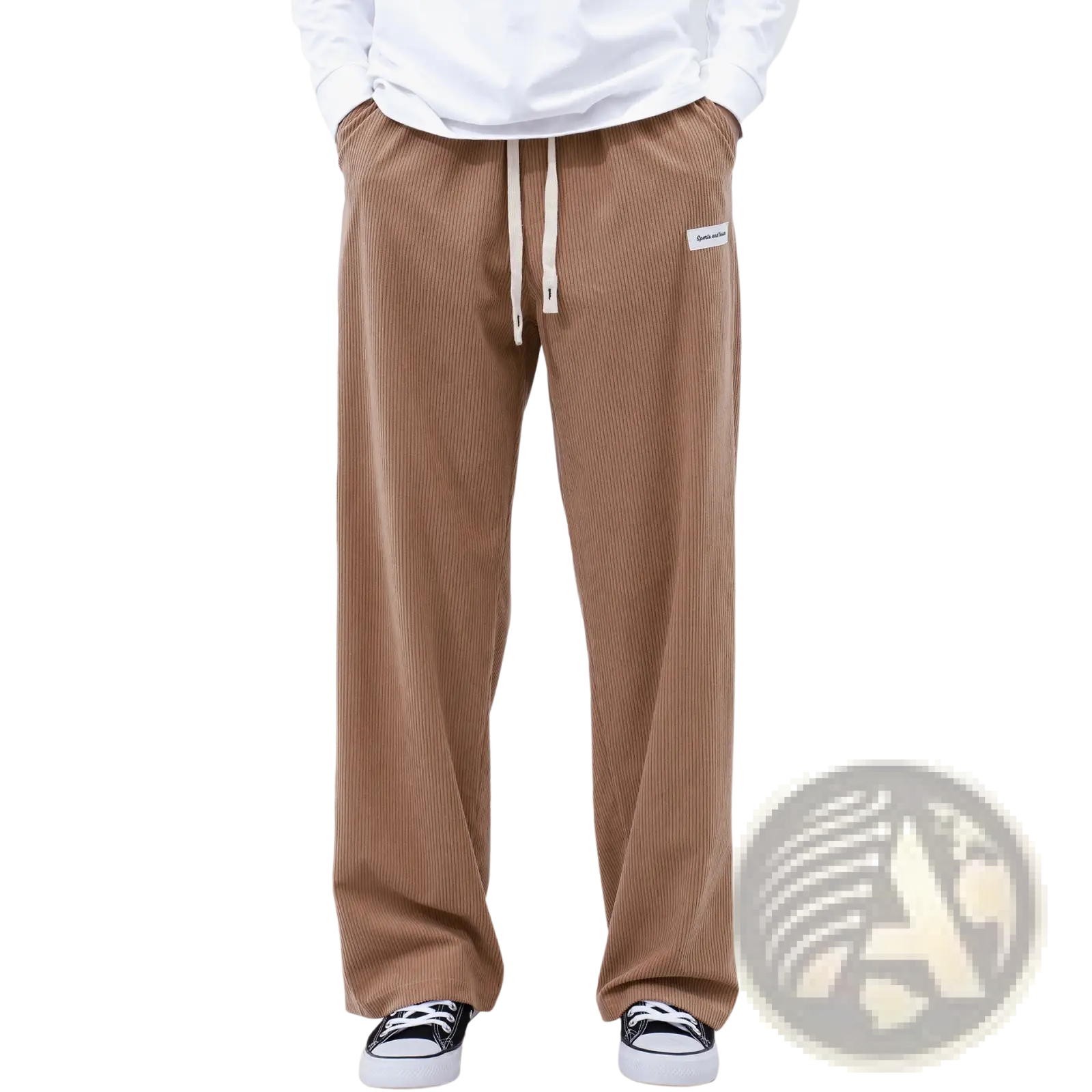 Men’s slim fit tan corduroy sporty casual pants with drawstring waist and white label on side seam