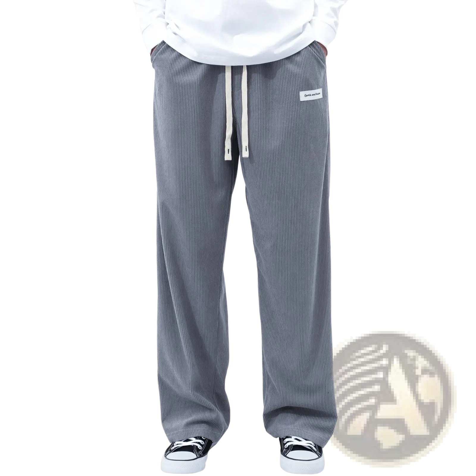 Men’s slim fit gray corduroy pants with vertical stripes and a white drawstring for casual sporty wear