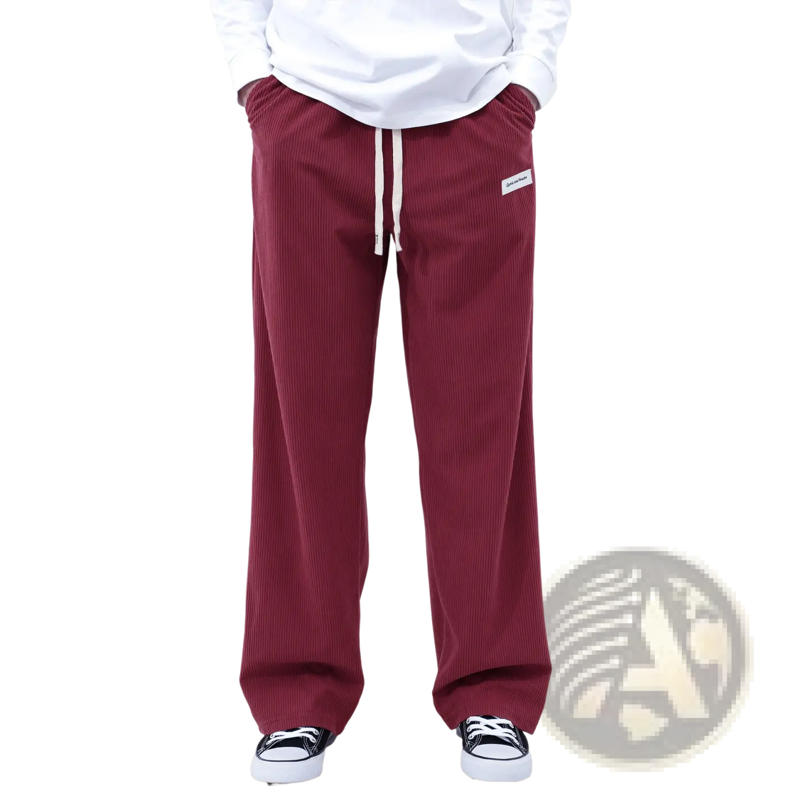 Men’s slim fit maroon corduroy casual pants with white drawstring and subtle side branding for sporty wear