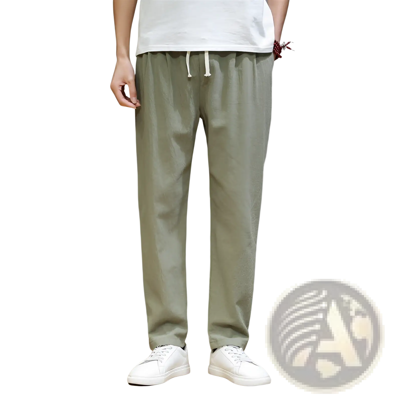 Men’s slim fit cotton linen tapered joggers in olive green with a white drawstring waistband