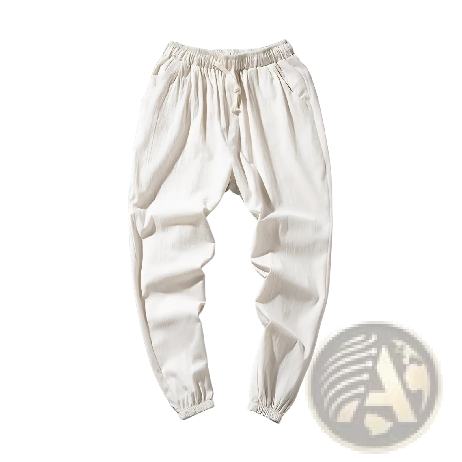 Men’s cream-colored loose-fitting linen joggers with elastic waistband and drawstring for casual wear