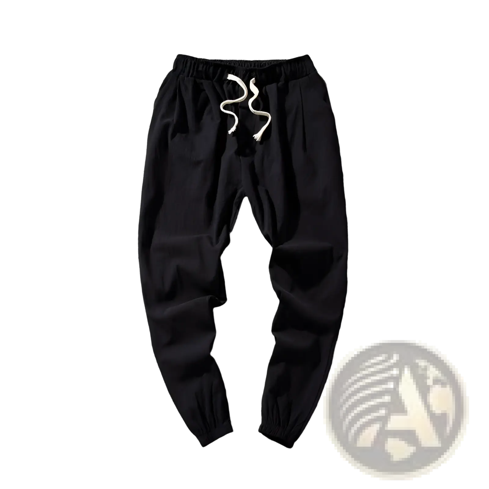 Men’s slim fit cotton linen tapered joggers in black with white drawstrings and elastic cuffs for comfortable wear