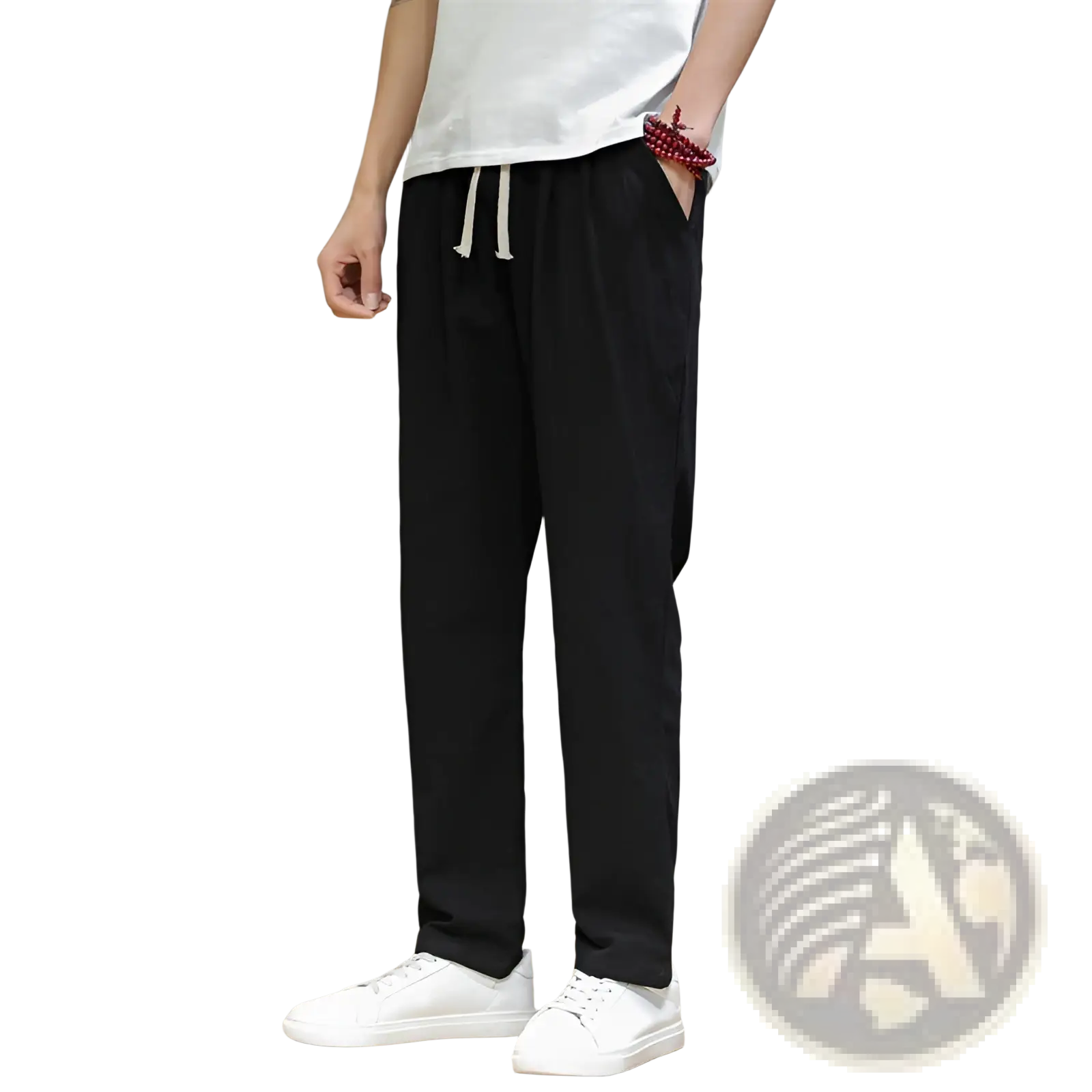 Men’s slim fit cotton linen tapered joggers in black with white drawstring and side pockets