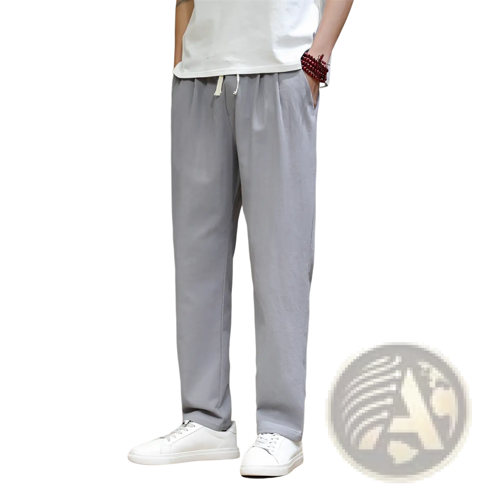 Men’s slim fit cotton linen tapered joggers in light gray with loose fit, drawstring waist, and side pockets