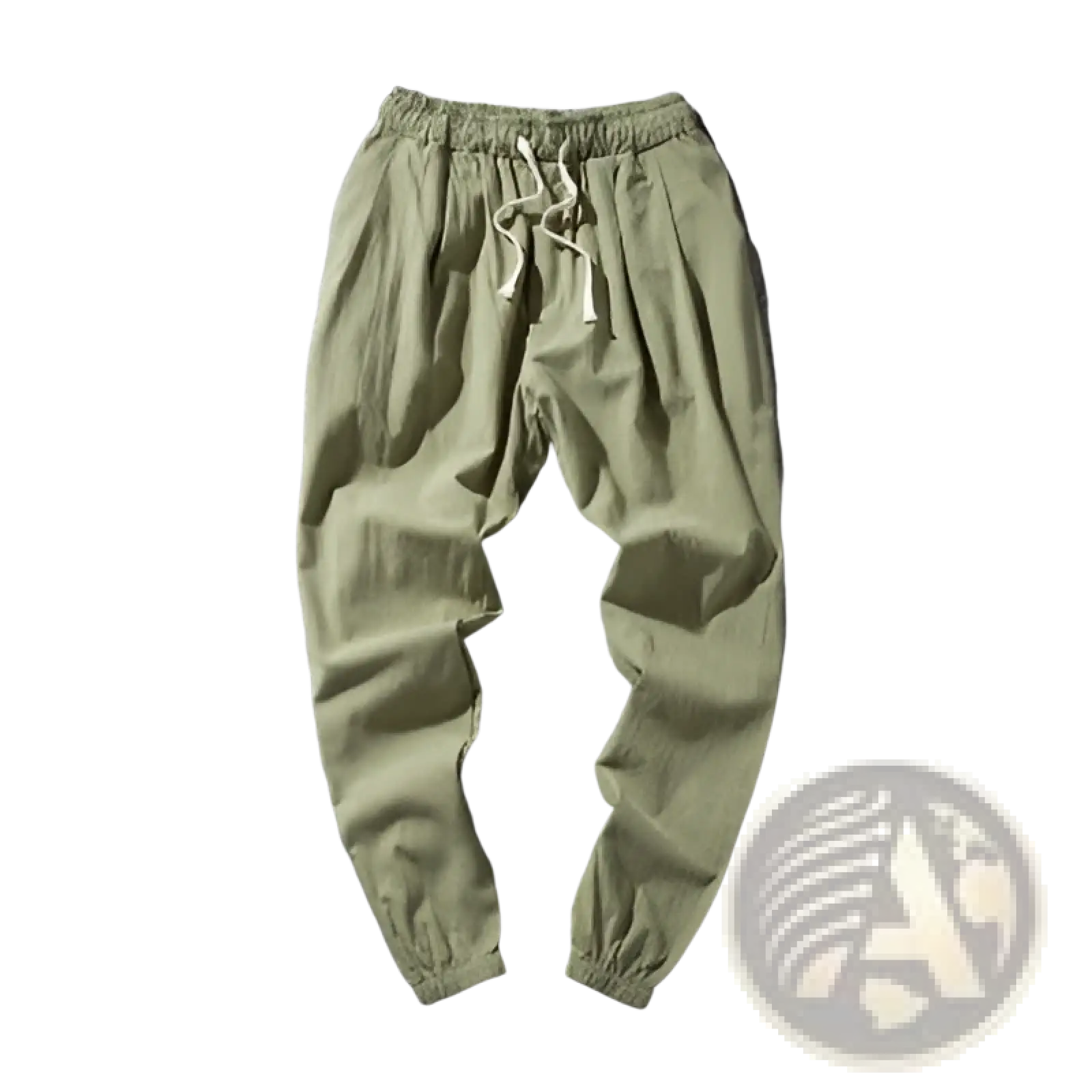 Men’s slim fit olive green cotton linen tapered joggers with elastic waistband drawstring and ribbed cuffs