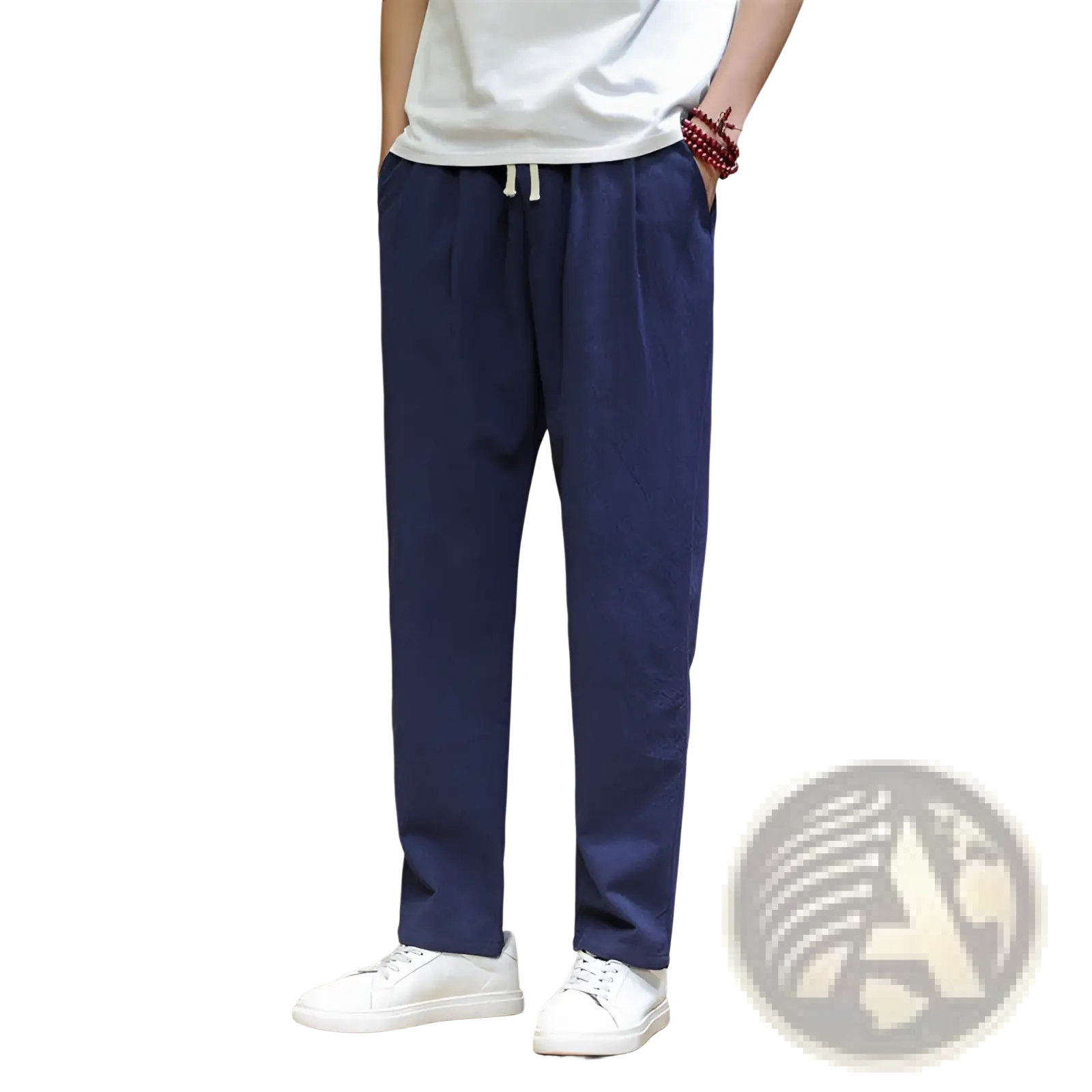 Men’s slim fit navy blue cotton linen tapered joggers with white drawstring waistband for casual wear