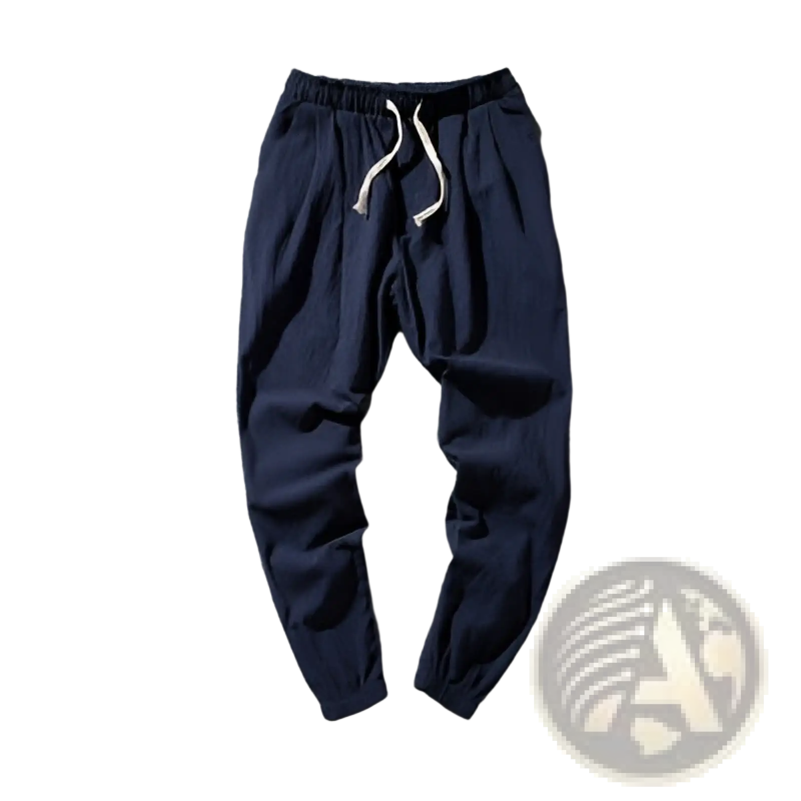 Men’s slim fit cotton linen tapered joggers in navy blue with white drawstrings, designed for casual comfort