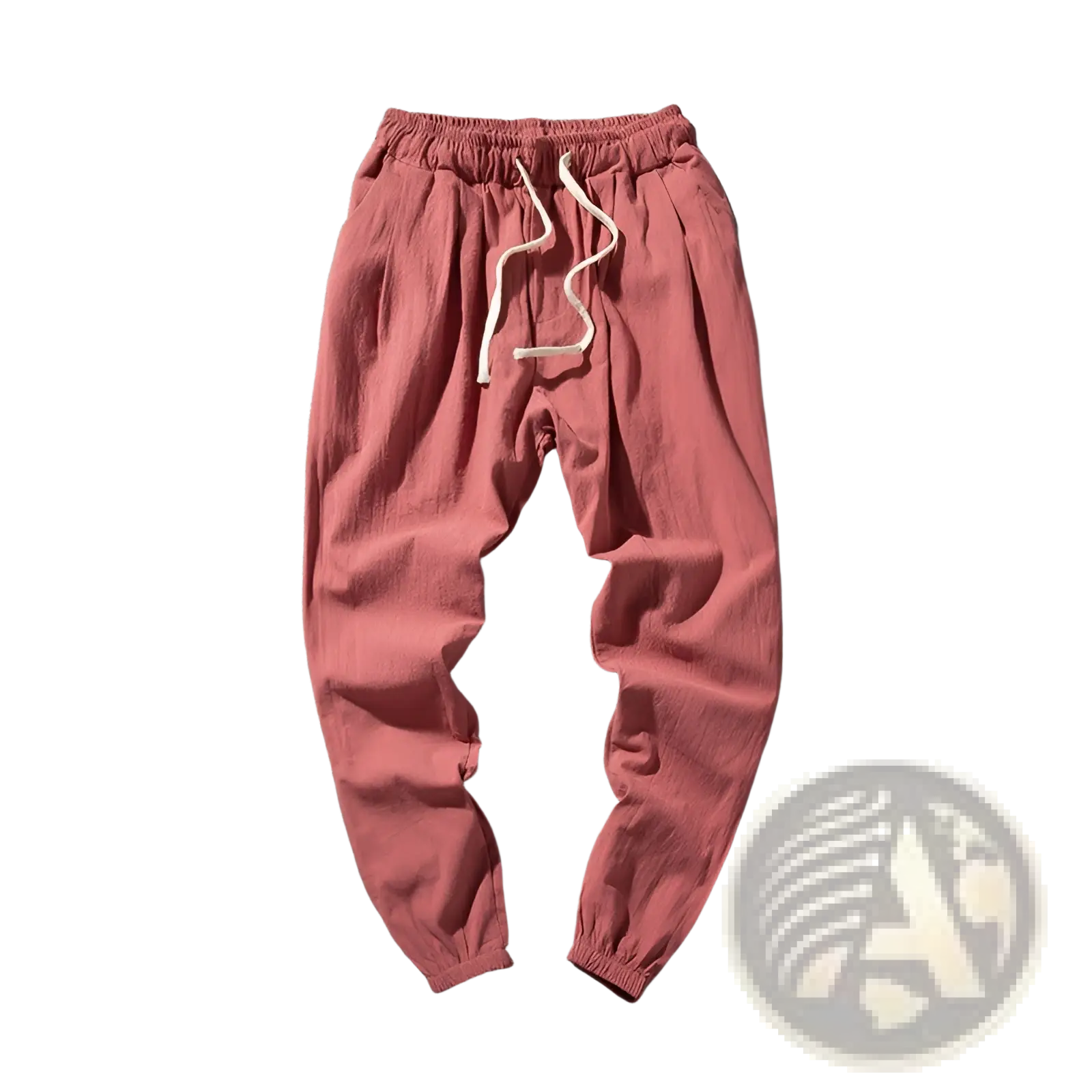 Men’s slim fit cotton linen tapered joggers in cotton pink with drawstring waist and elastic cuffs