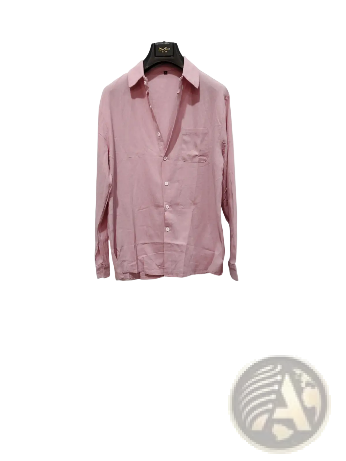 Men slim fit soft pink cotton long sleeve button down shirt with classic collar and chest pocket hanging on black hanger
