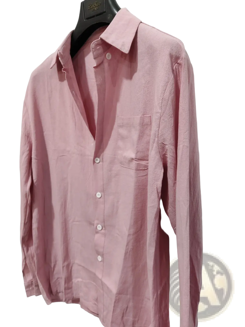 Men’s slim fit soft pink cotton long sleeve button down shirt with classic collar and chest pocket on black hanger