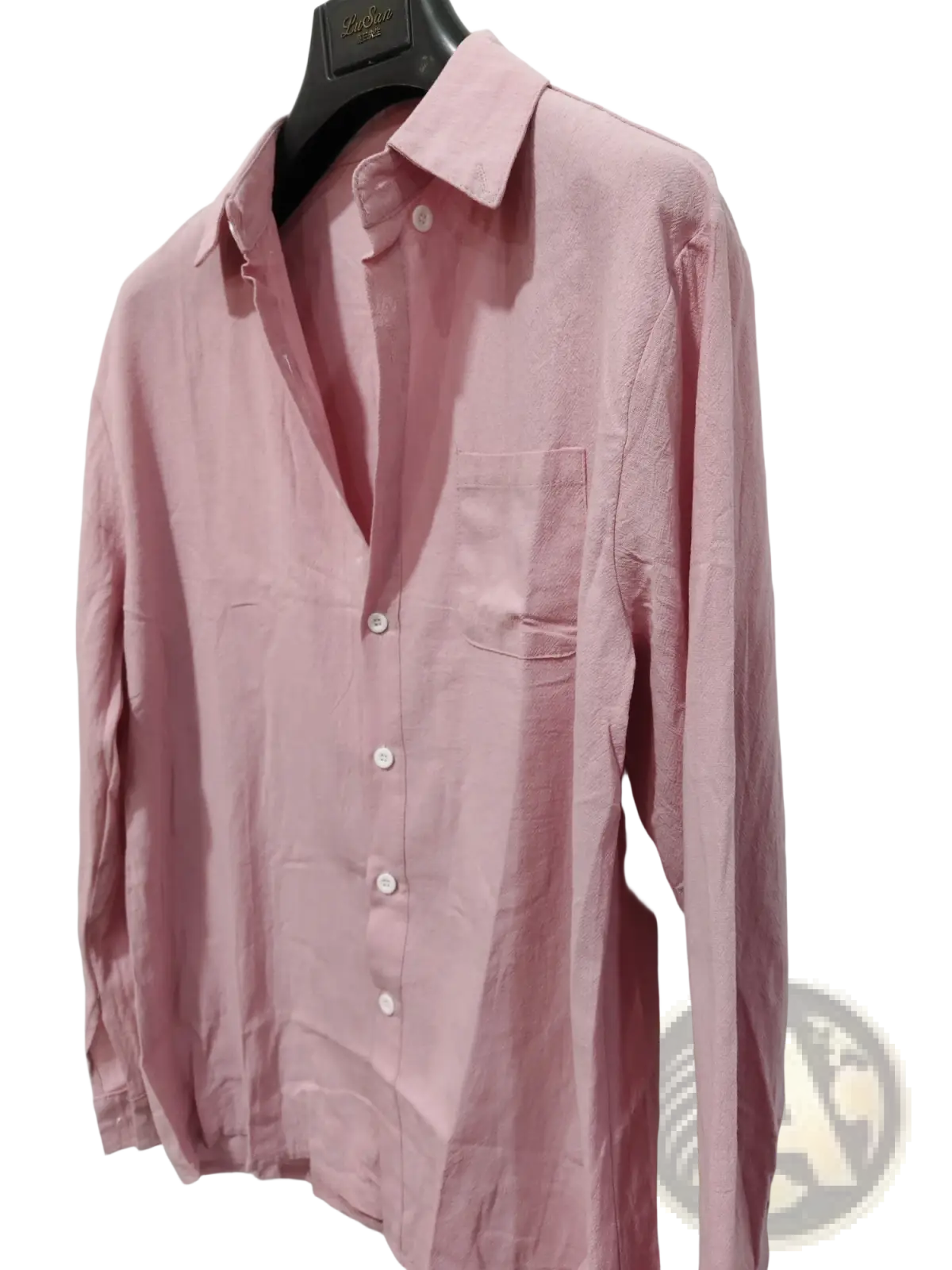 Men’s slim fit soft pink cotton long sleeve button down shirt with classic collar and chest pocket on black hanger