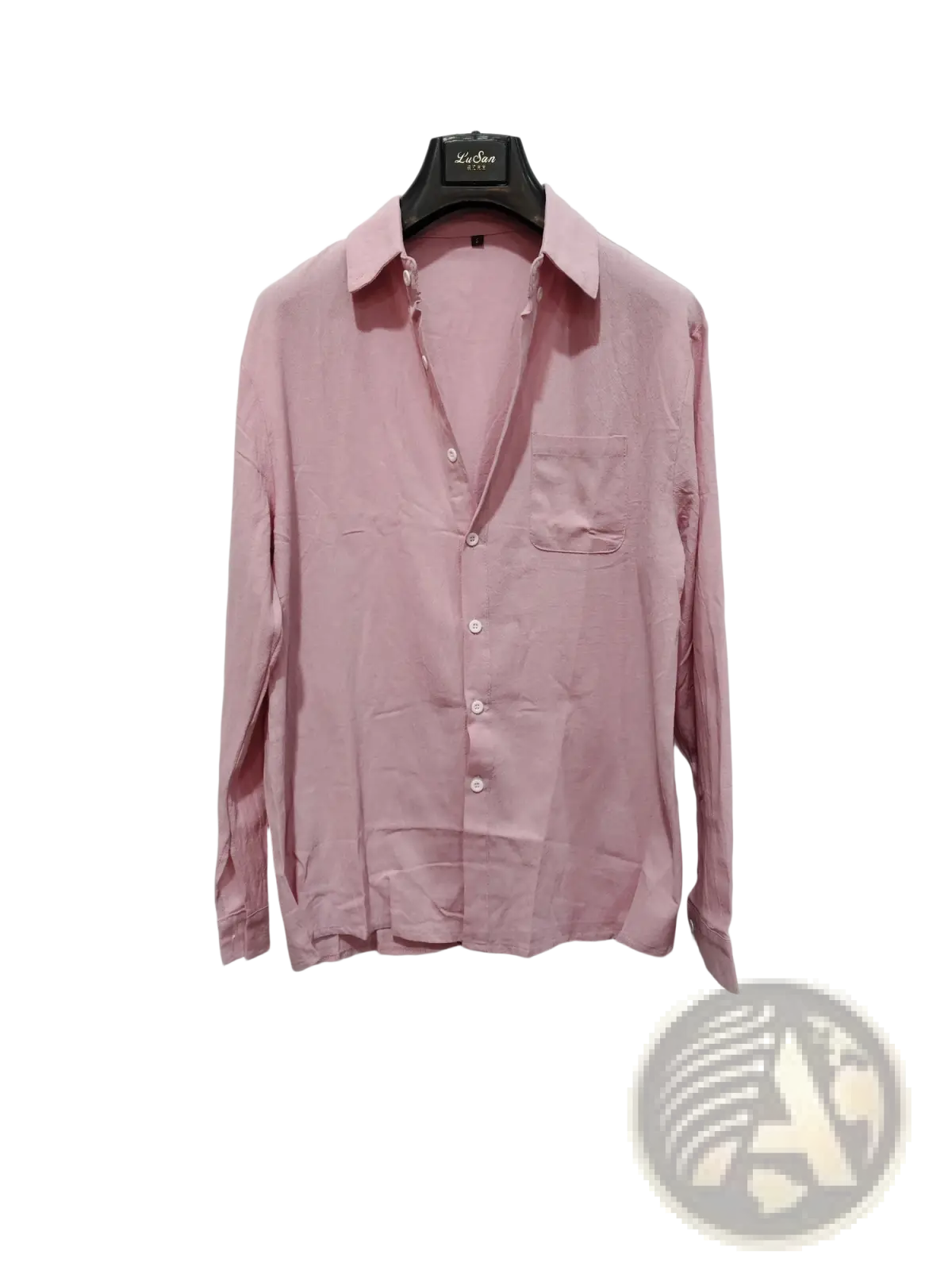 Men’s slim fit cotton long sleeve button down shirt in soft pink with classic collar and chest pocket on black hanger