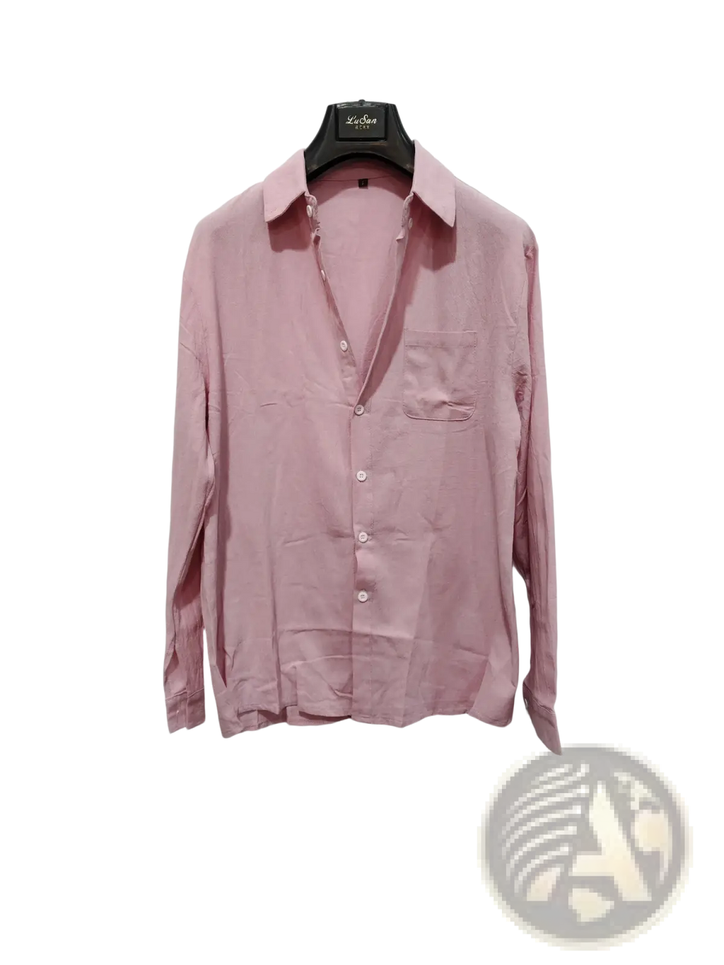 Men’s slim fit cotton long sleeve button down shirt in soft pink with classic collar and chest pocket on black hanger