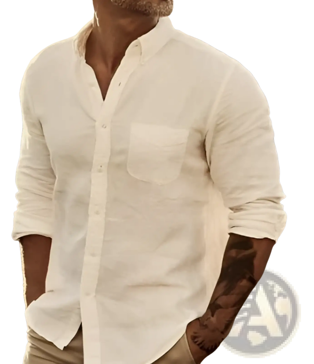 Men’s slim fit cotton long sleeve button down shirt in crisp white linen with classic collar and single chest pocket