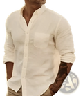 Men’s slim fit cotton long sleeve button down shirt in crisp white linen with classic collar and single chest pocket