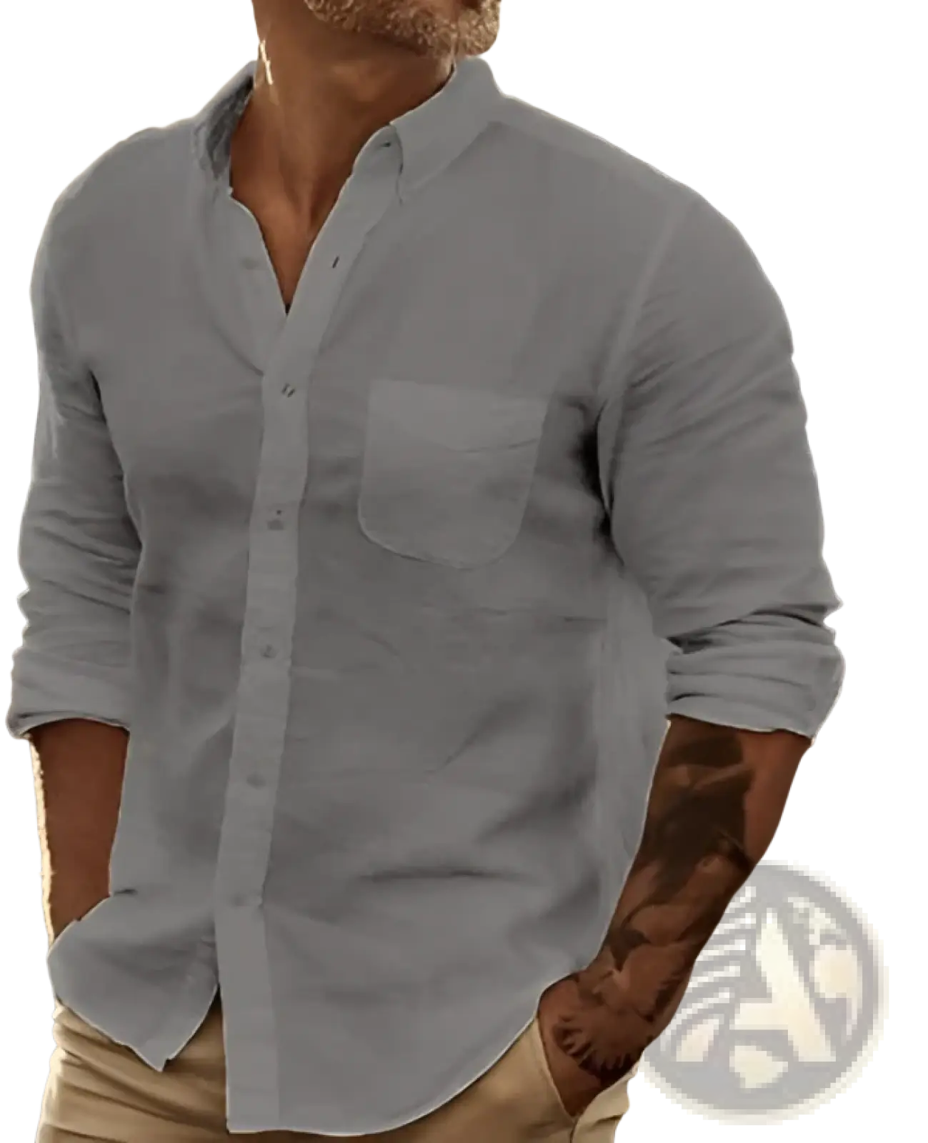 Men’s slim fit light blue cotton long sleeve button down shirt with chest pocket and rolled up sleeves