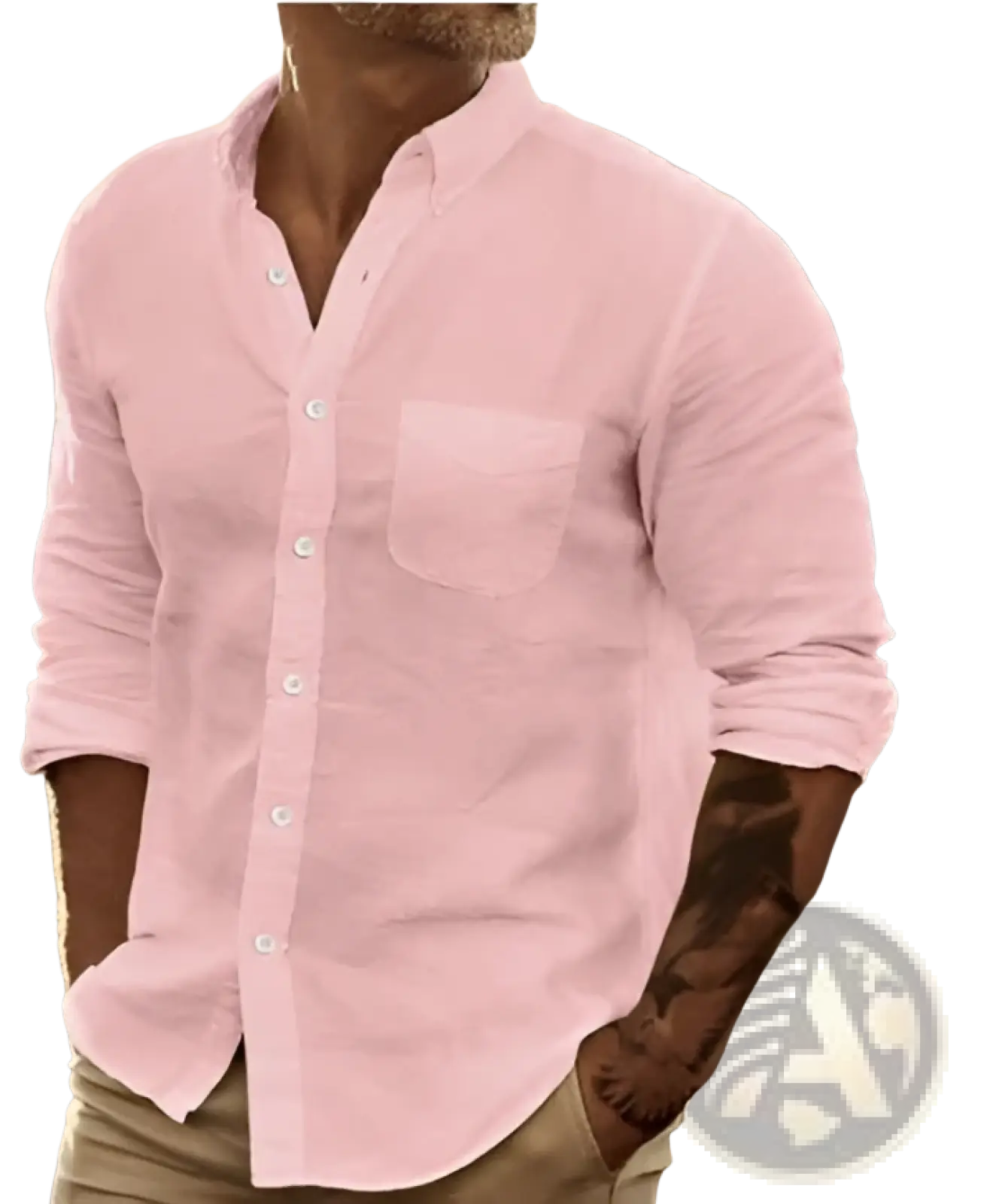 Men’s slim fit soft pink cotton long sleeve button down shirt with subtle texture and single chest pocket