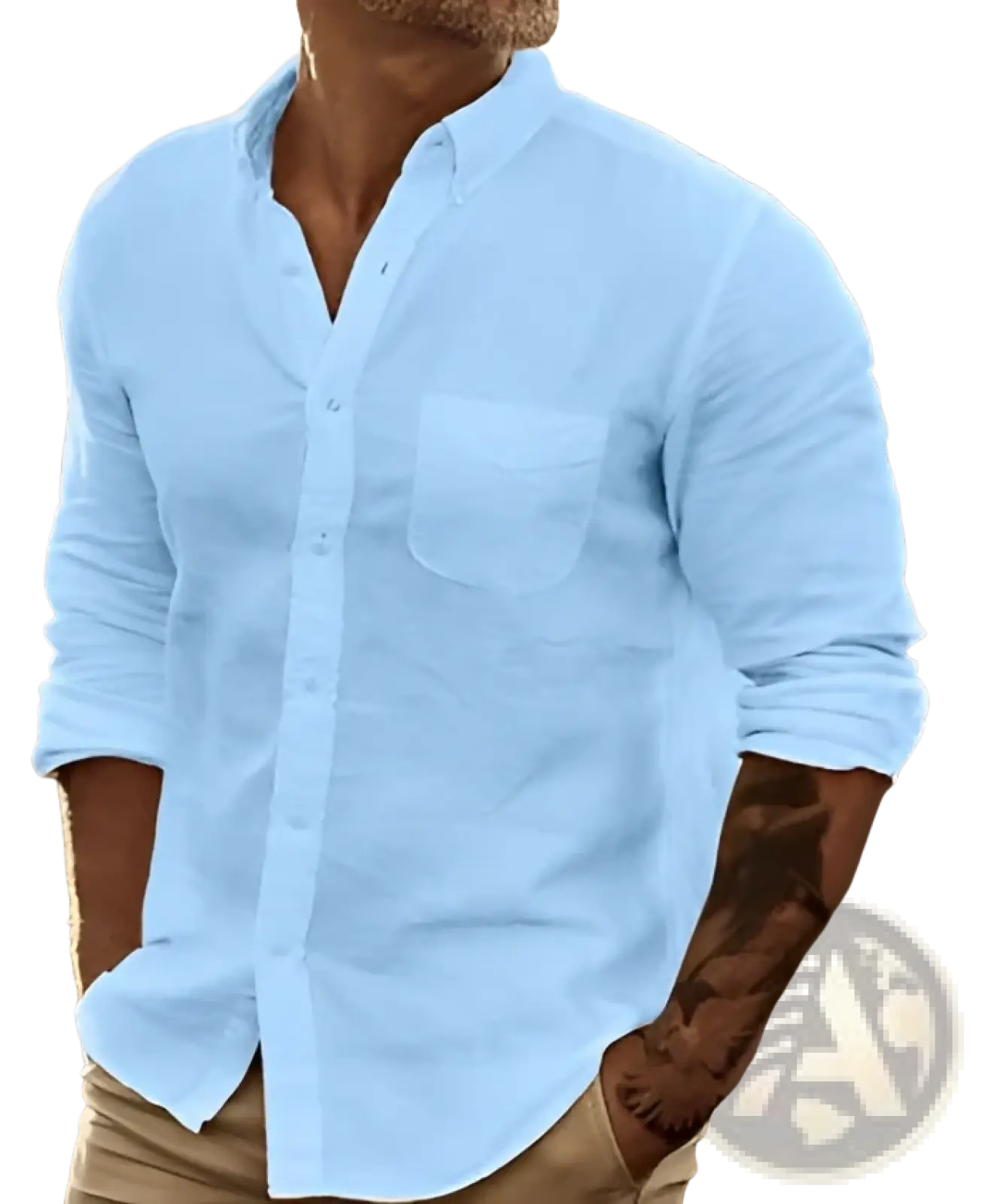 Men’s slim fit cotton long sleeve button down shirt in light blue with chest pocket and rolled up sleeves