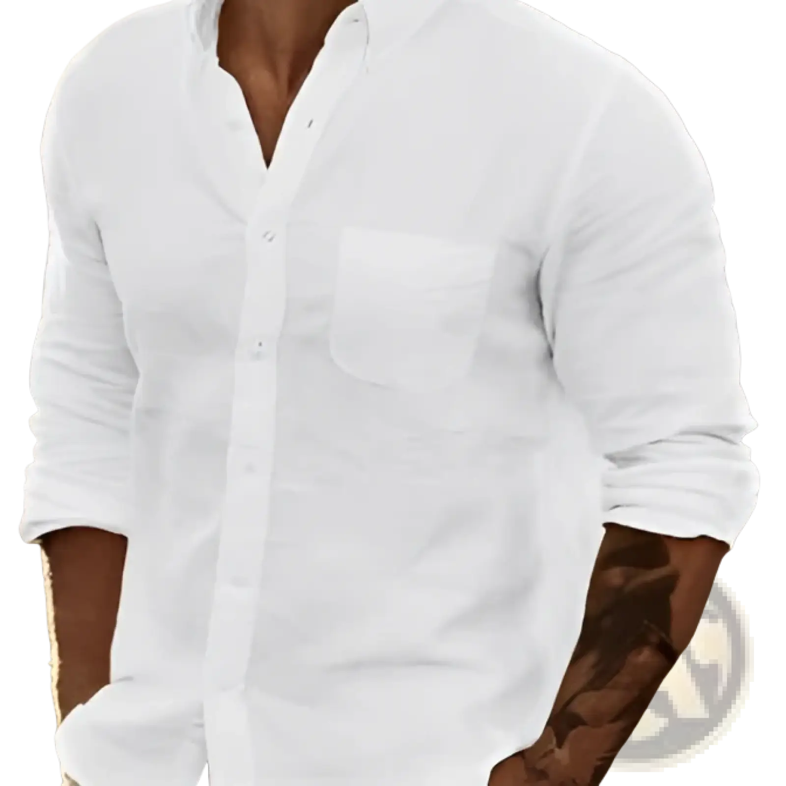 Men’s slim fit white cotton button down shirt with chest pocket and rolled up long sleeves