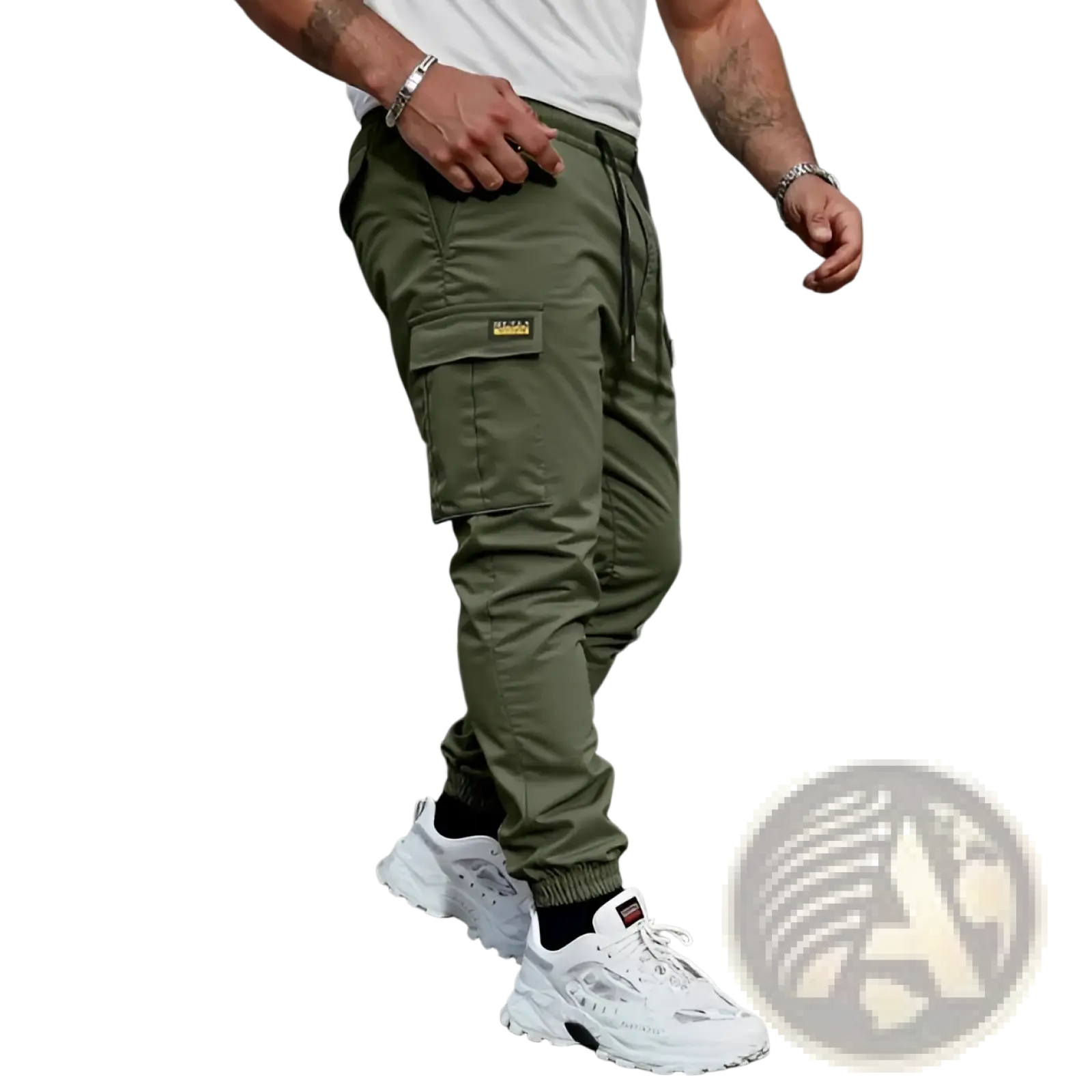 Men’s slim fit cropped olive green cargo joggers with drawstring waist multiple pockets and yellow brand patch on thigh