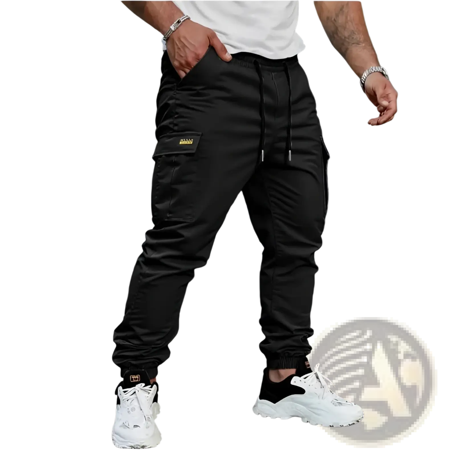 Men’s slim fit black cargo joggers with multiple pockets and a drawstring waistband in cropped style