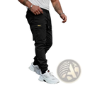 Men’s black slim fit cropped cargo joggers with multiple pockets and a drawstring waistband in cotton fabric