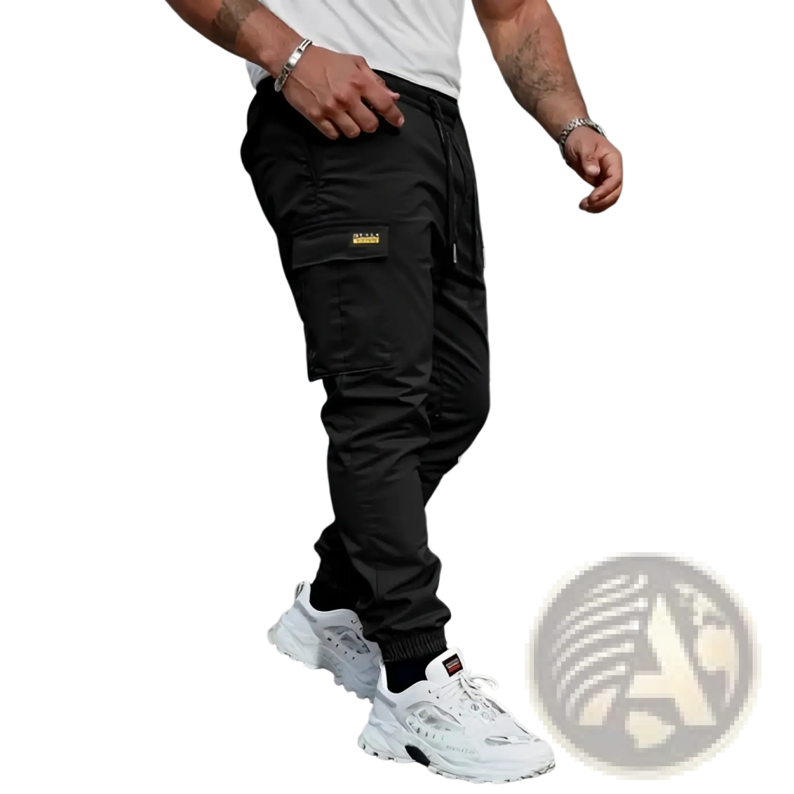 Men’s black slim fit cropped cargo joggers with multiple pockets and a drawstring waistband in cotton fabric