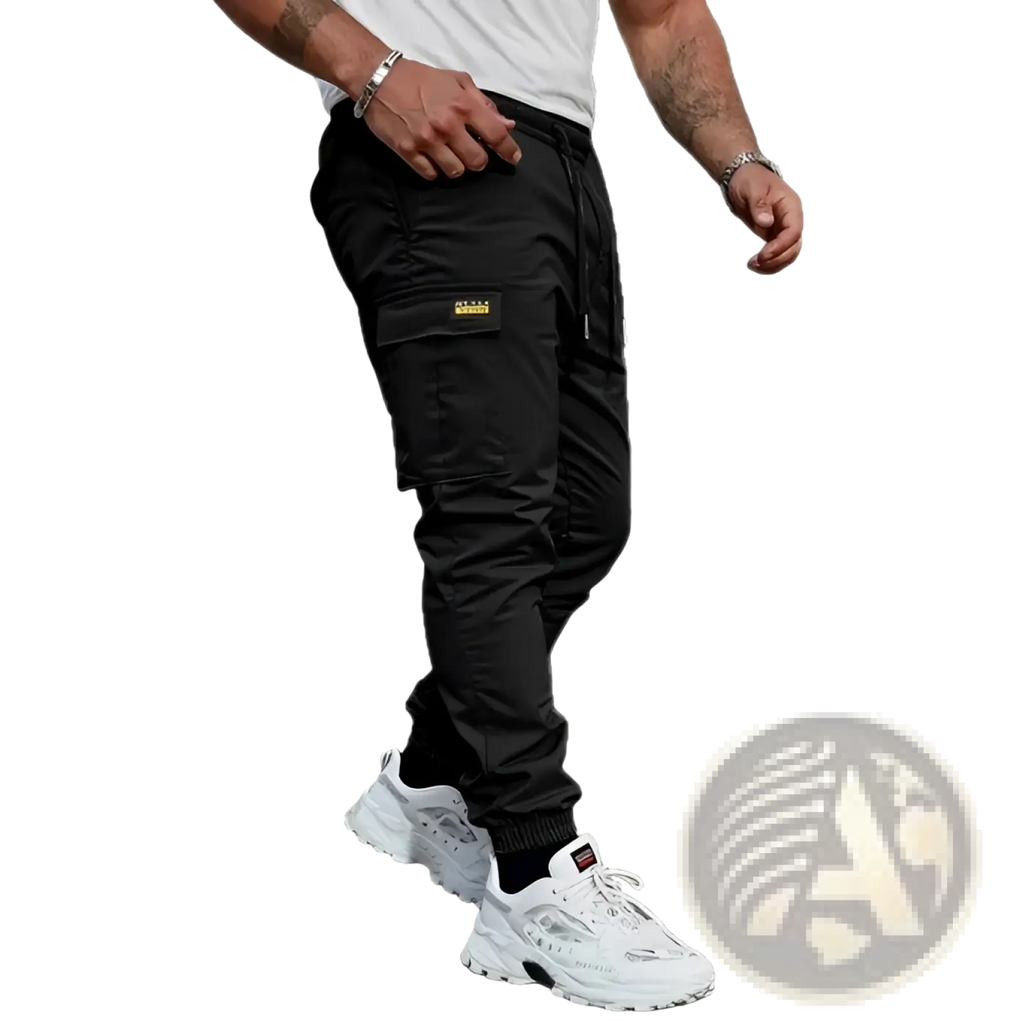 Men’s slim fit cropped black cargo joggers with drawstring waist and multiple pockets including gold patch detail