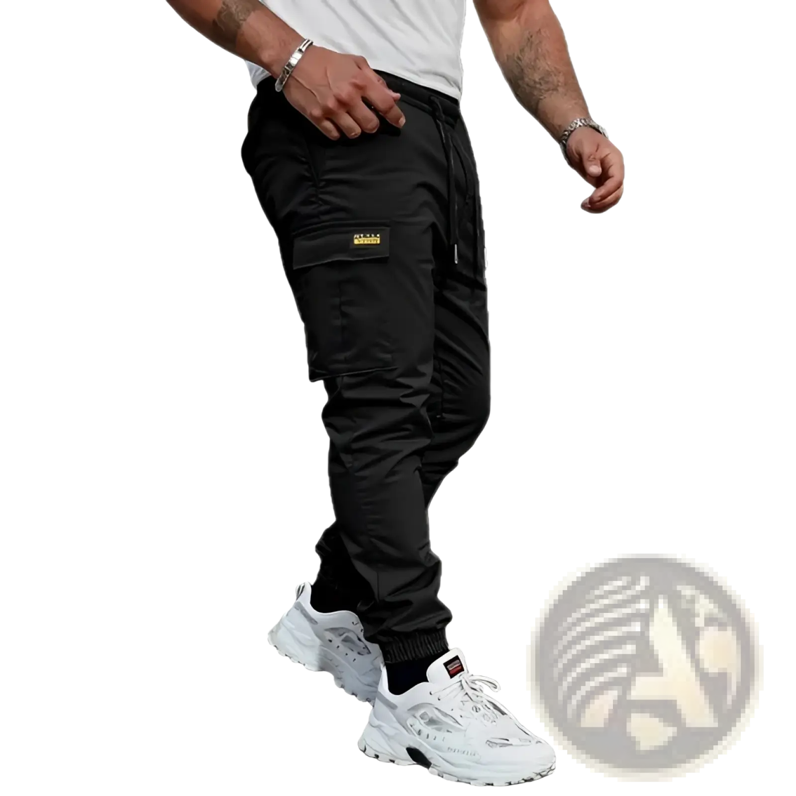 Men’s slim fit cropped black cargo joggers with drawstring waist and multiple pockets including gold patch detail